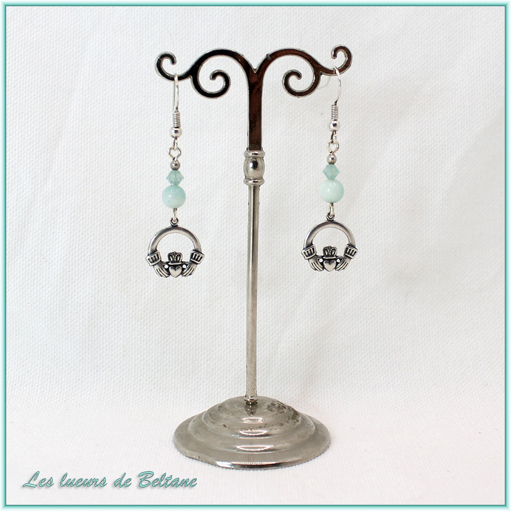 Boucles d'oreilles Claddagh argenté et perle d'amazonite, faites main