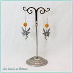 Boucles d'oreilles fée en laiton argenté et perle d'ambre, faites main