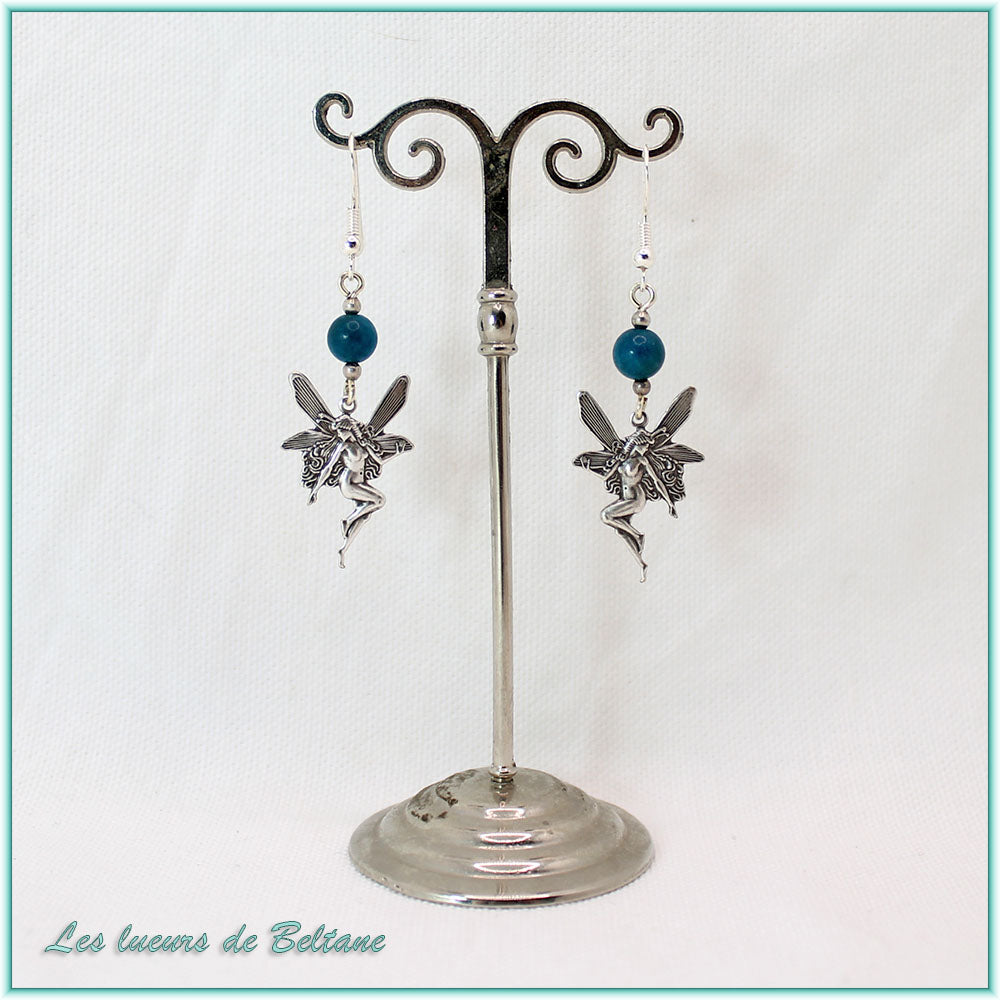 Boucles d'oreilles fée en laiton argenté et perle d'apatite, faites main