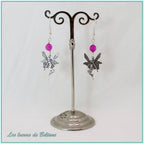 Boucles d'oreilles fée en laiton argenté et perle d'agate fuchsia, faites main