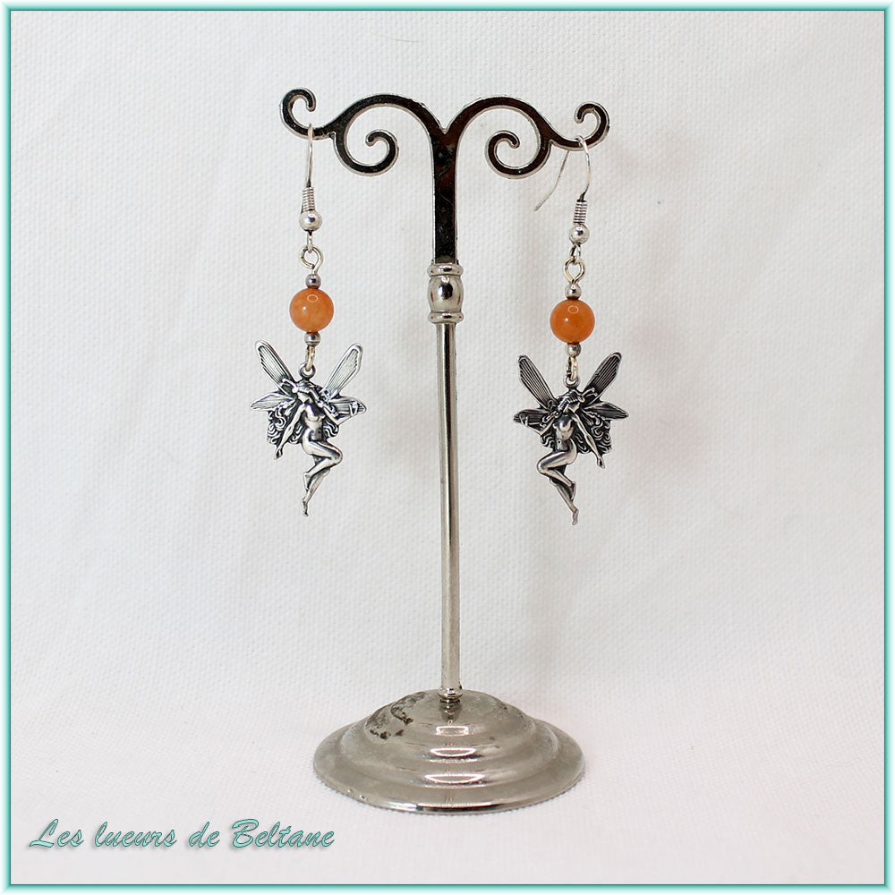 Boucles d'oreilles fée en laiton argenté et perle d'aventurine, faites main