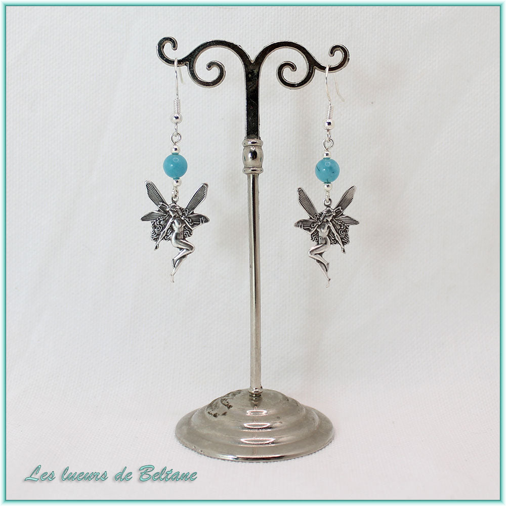 Boucles d'oreilles fée en laiton argenté et perle de calcédoine, faites main