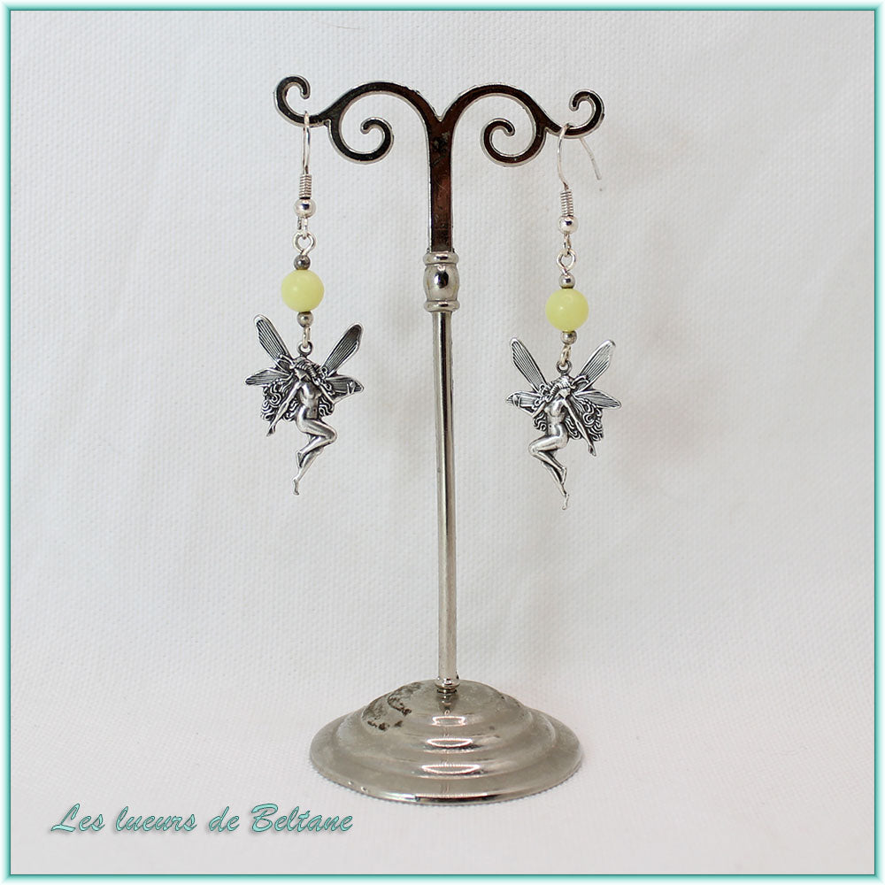 Boucles d'oreilles fée en laiton argenté et perle de jade citron, faites main