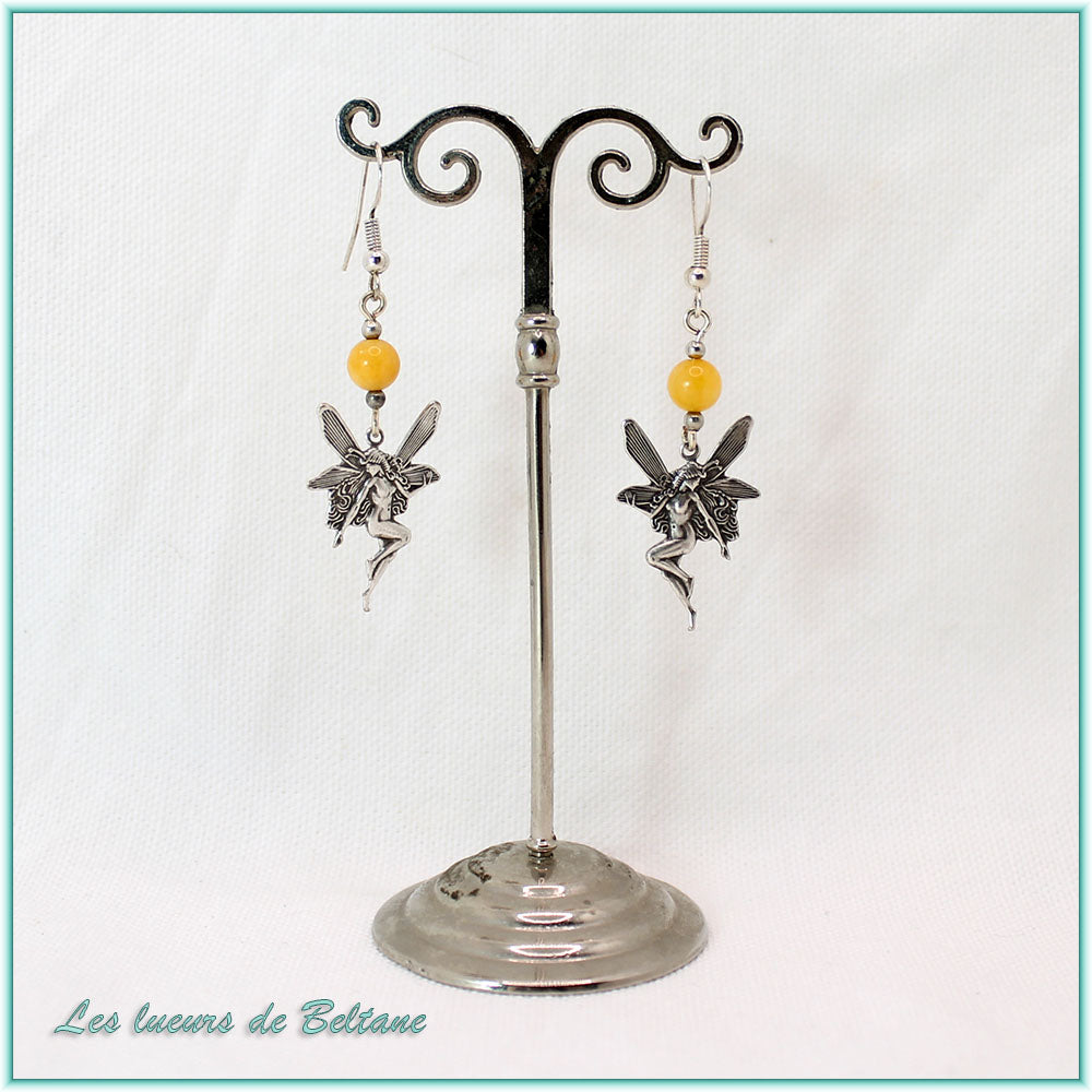 Boucles d'oreilles fée en laiton argenté et perle de jade jaune, faites main