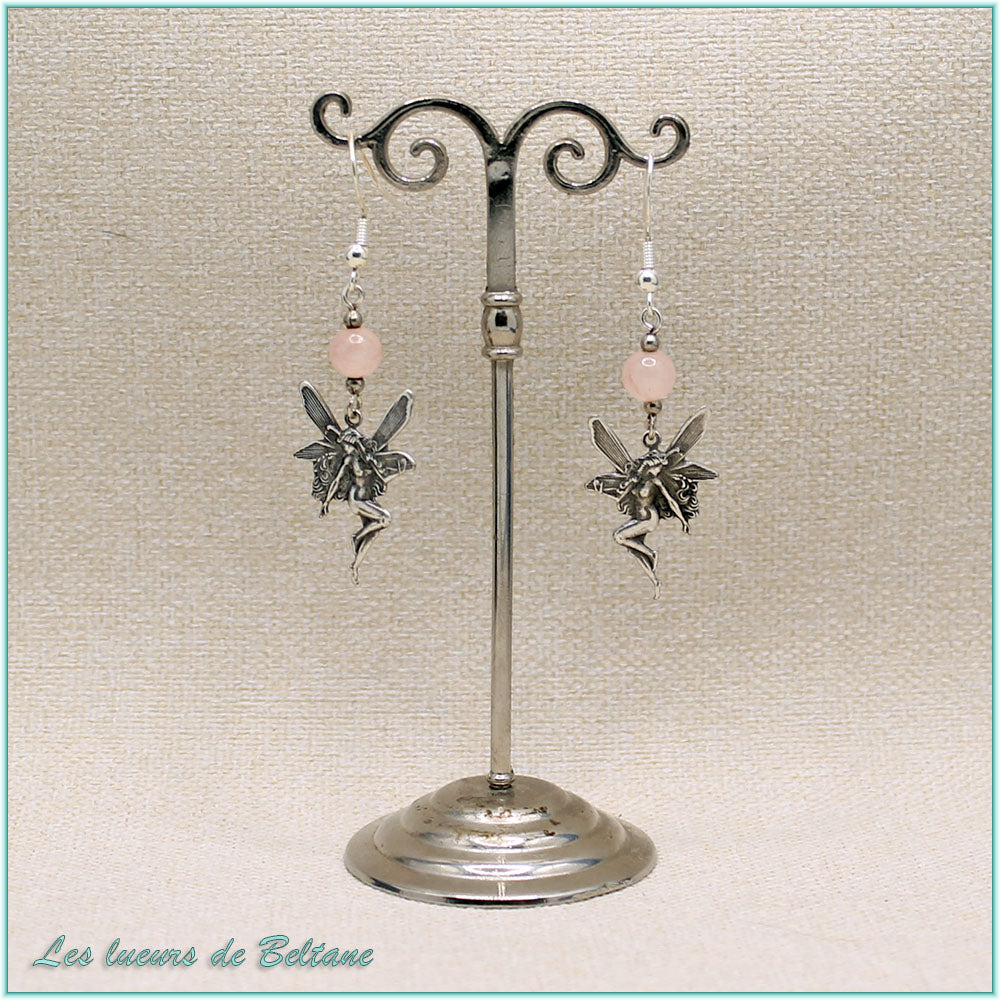 Boucles d'oreilles fée en laiton argenté et perle de jade cerise, faites main