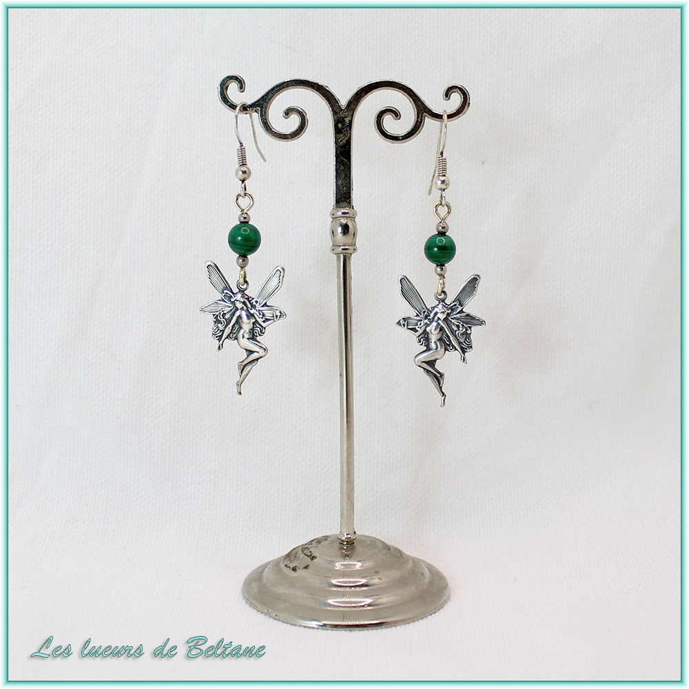 Boucles d'oreilles fée en laiton argenté et perle de malachite, faites main