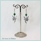 Boucles d'oreilles fée en laiton argenté et perle de malachite, faites main