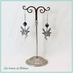 Boucles d'oreilles fée en laiton argenté et perle d'obsidienne neige, faites main
