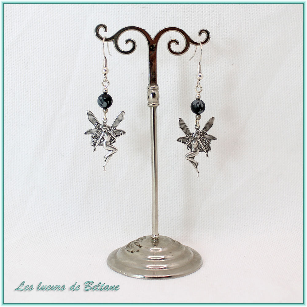 Boucles d'oreilles fée en laiton argenté et perle d'obsidienne neige, faites main