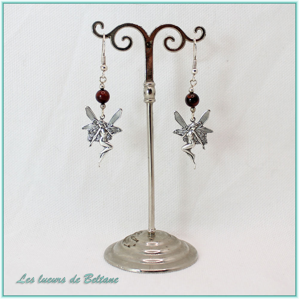 Boucles d'oreilles fée en laiton argenté et perle d'œil de taureau, faites main