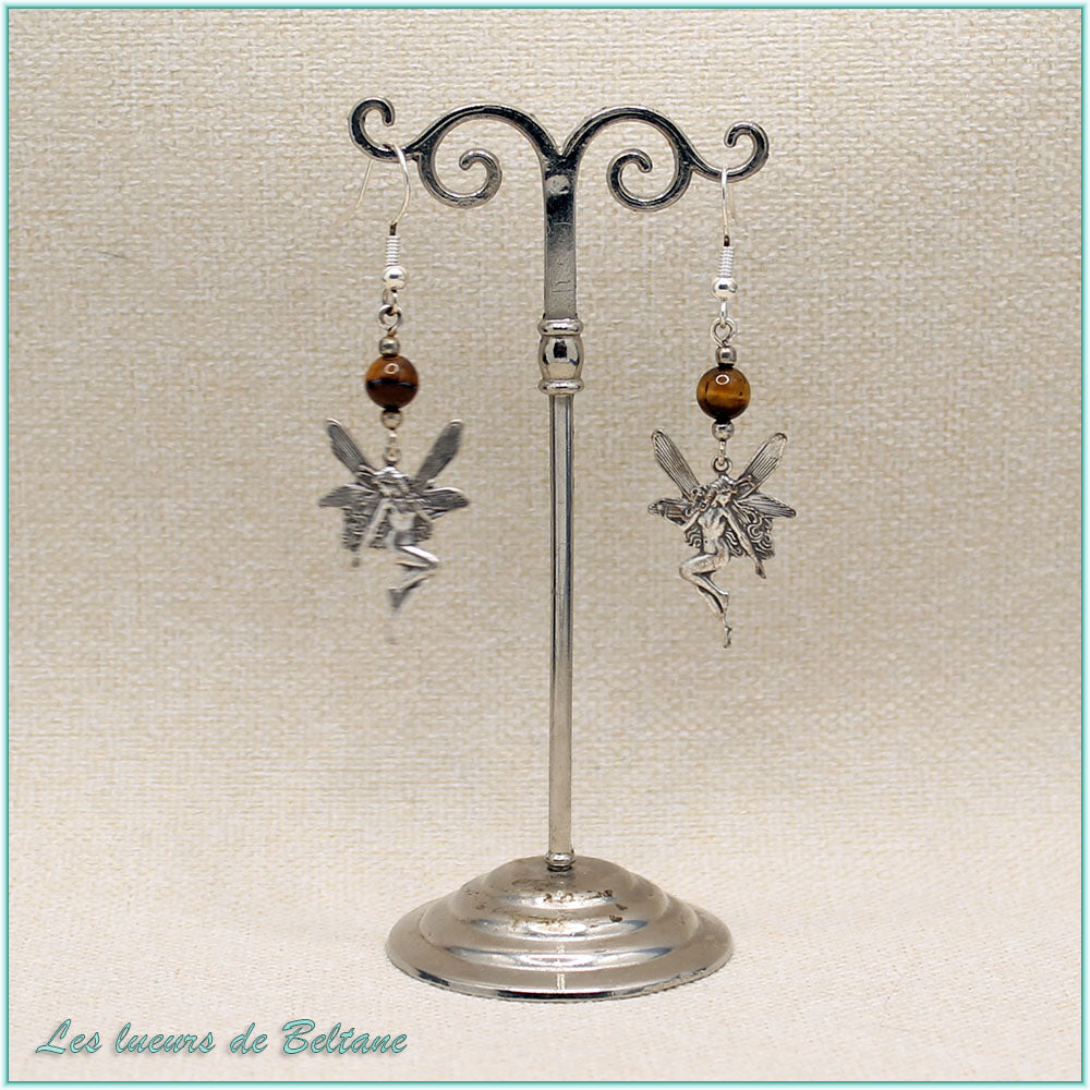 Boucles d'oreilles fée en laiton argenté et perle d'œil de tigre, faites main