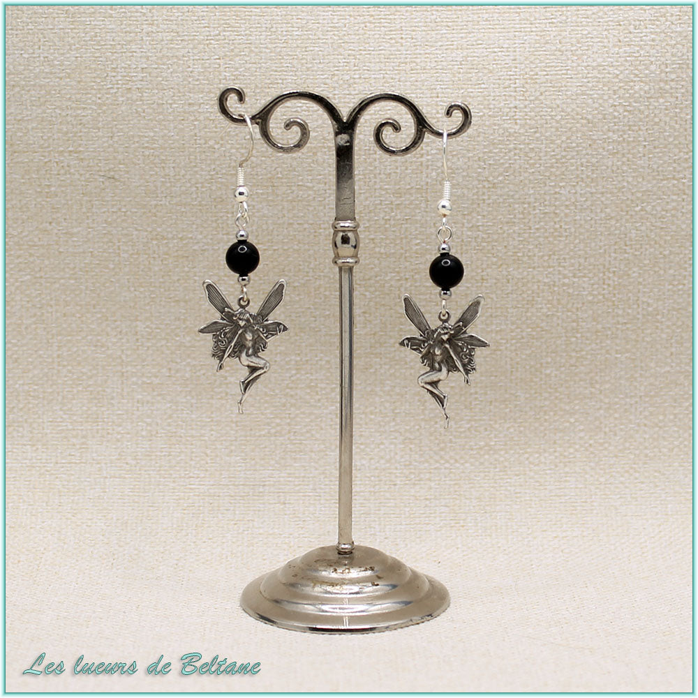 Boucles d'oreilles fée en laiton argenté et perle d'onyx, faites main