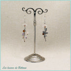 Boucles d'oreilles asymétriques fée et fleurs blanches, cristal marron, faites main