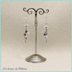 Boucles d'oreilles asymétriques fée et fleurs blanches, cristal violet, faites main