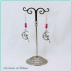 Boucles d'oreilles fée sur un croissant de lune et perle d'agate fuchsia, faites main