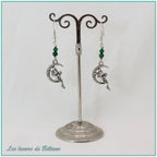 Boucles d'oreilles fée sur un croissant de lune et perle de malachite, faites main