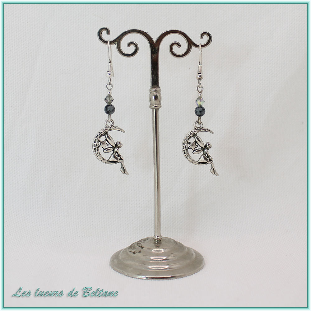 Boucles d'oreilles fée sur un croissant de lune et perle d'obsidienne neige, faites main