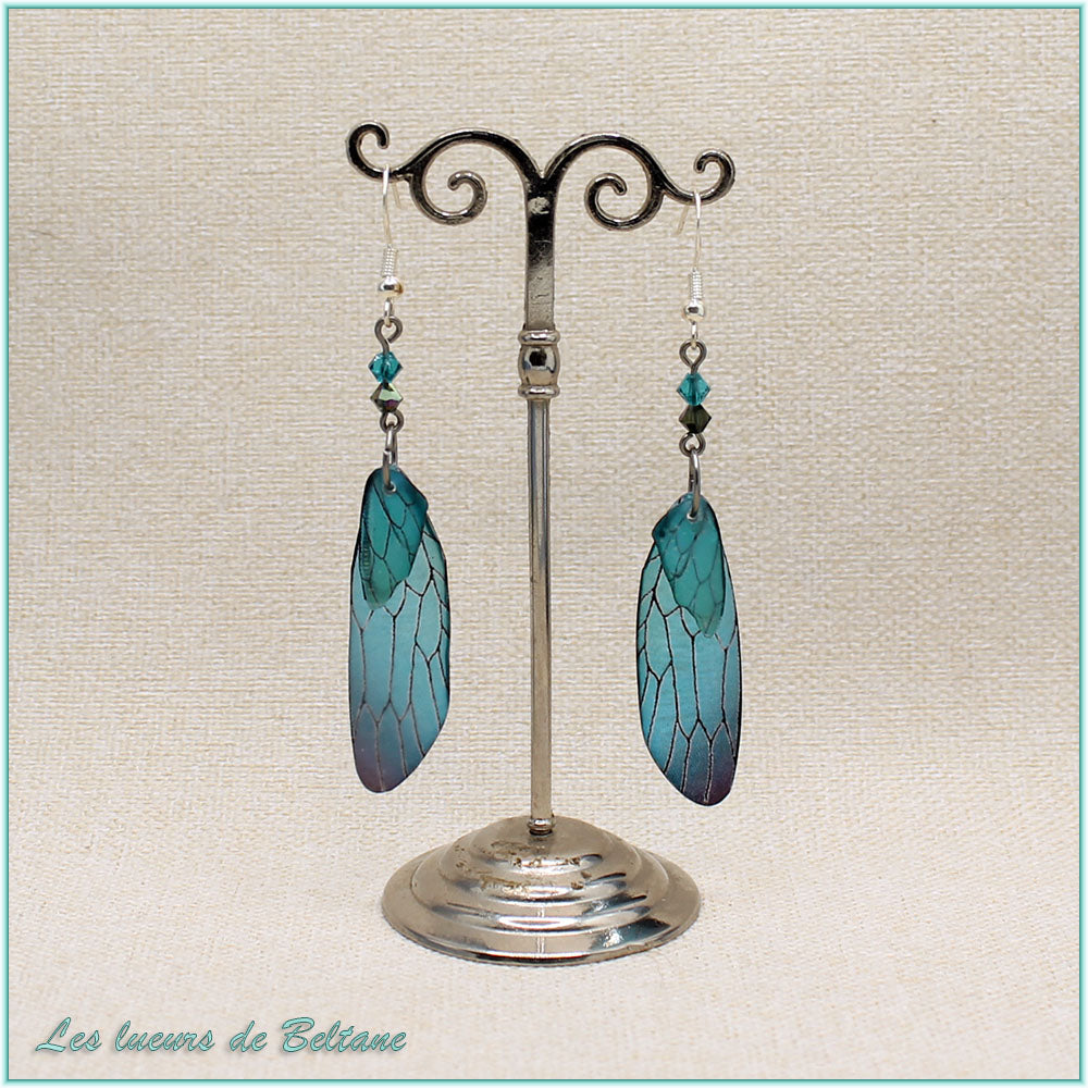 Boucles d'oreilles ailes de cigale en résine bleu turquoise foncé, faites main