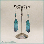 Boucles d'oreilles ailes de cigale en résine bleu turquoise foncé, faites main