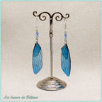 Boucles d'oreilles ailes de cigale en résine bleue, faites main