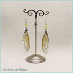 Boucles d'oreilles ailes de cigale en résine jaune pâle, crochets plaqué argent