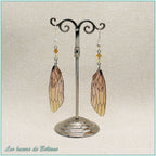 Boucles d'oreilles ailes de cigale en résine orange clair, crochets plaqué argent