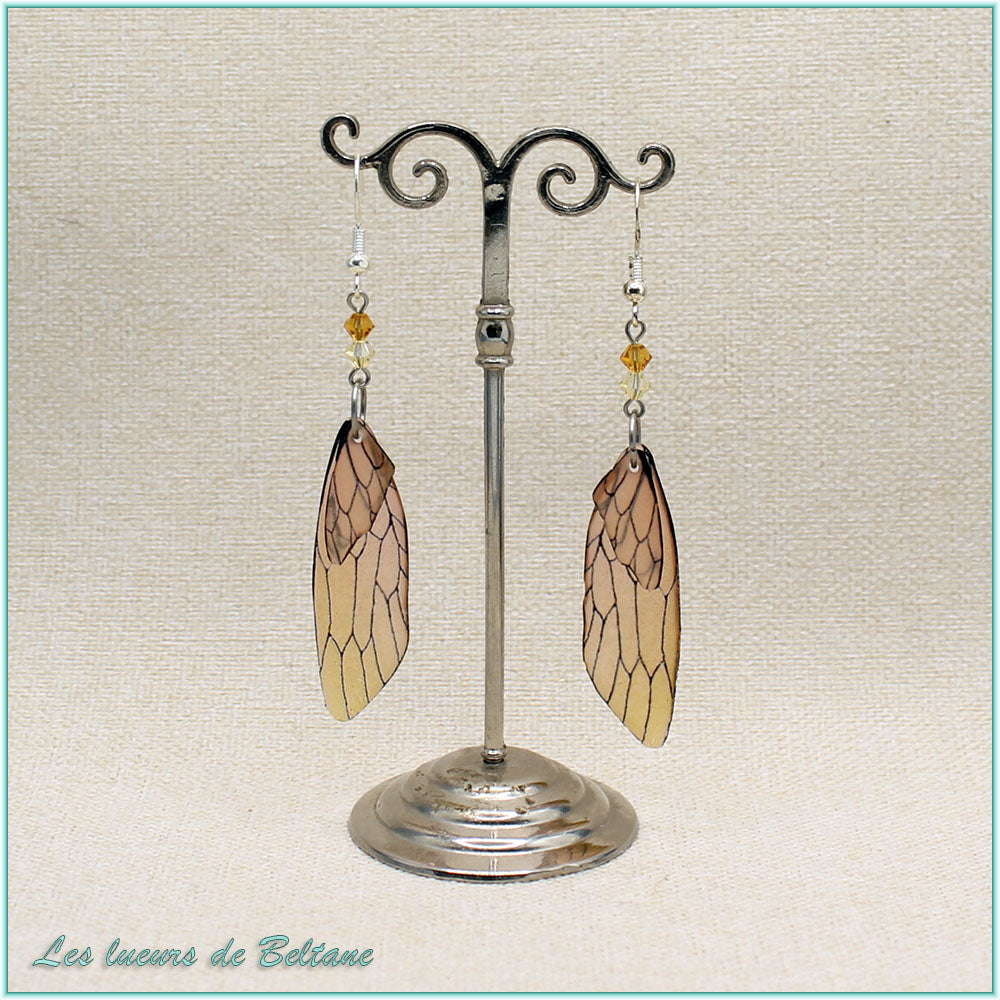 Boucles d'oreilles ailes de cigale en résine orange clair, crochets plaqué argent