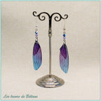 Boucles d'oreilles ailes de cigale en résine violet-bleu, faites main