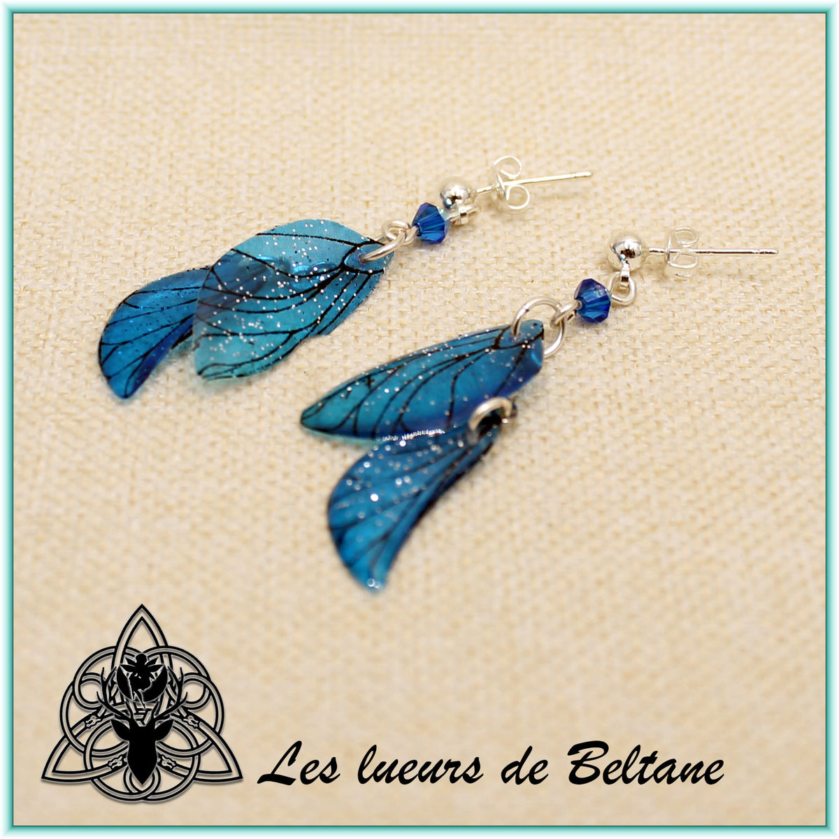 Boucles d'oreilles ailes de fée Aileen pailletées, coloris bleu, autre vue