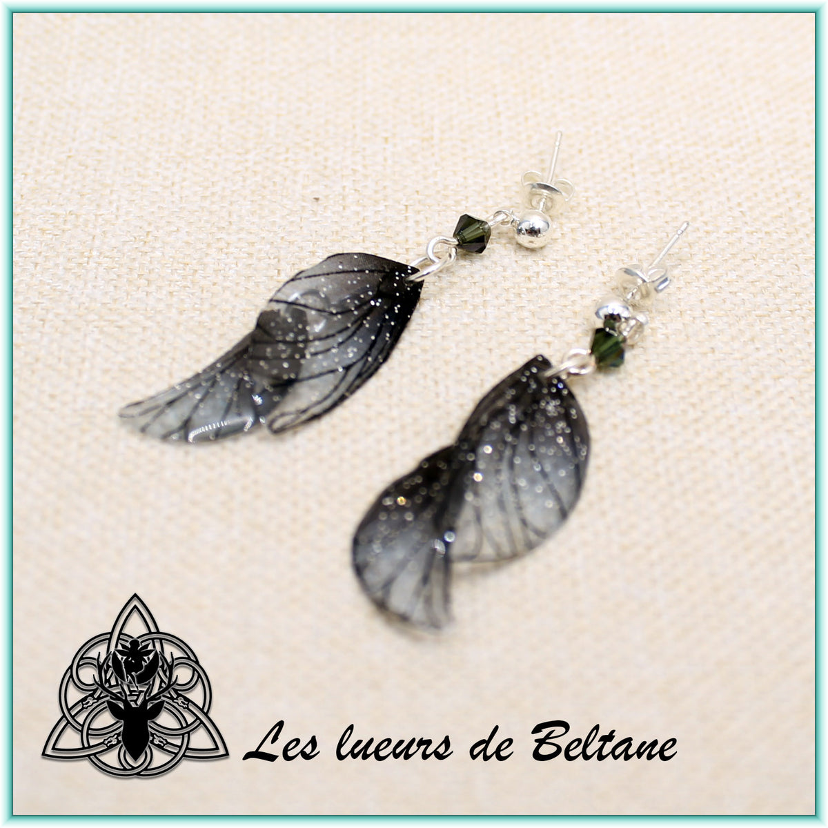 Boucles d'oreilles ailes de fée Aileen pailletées, coloris noir, autre vue