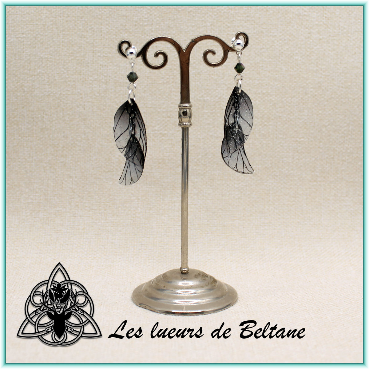 Boucles d'oreilles ailes de fée Aileen pailletées, coloris noir