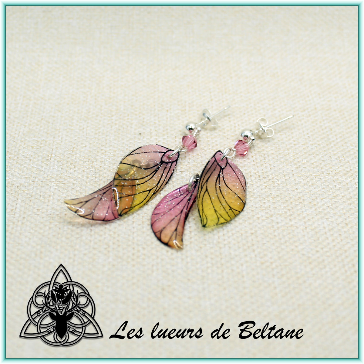 Boucles d'oreilles ailes de fée Aileen pailletées, coloris rose et jaune, autre vue