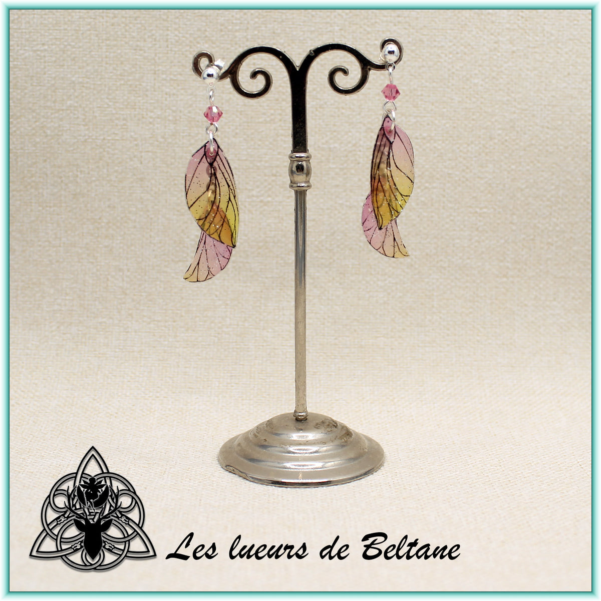 Boucles d'oreilles ailes de fée Aileen pailletées, coloris rose et jaune