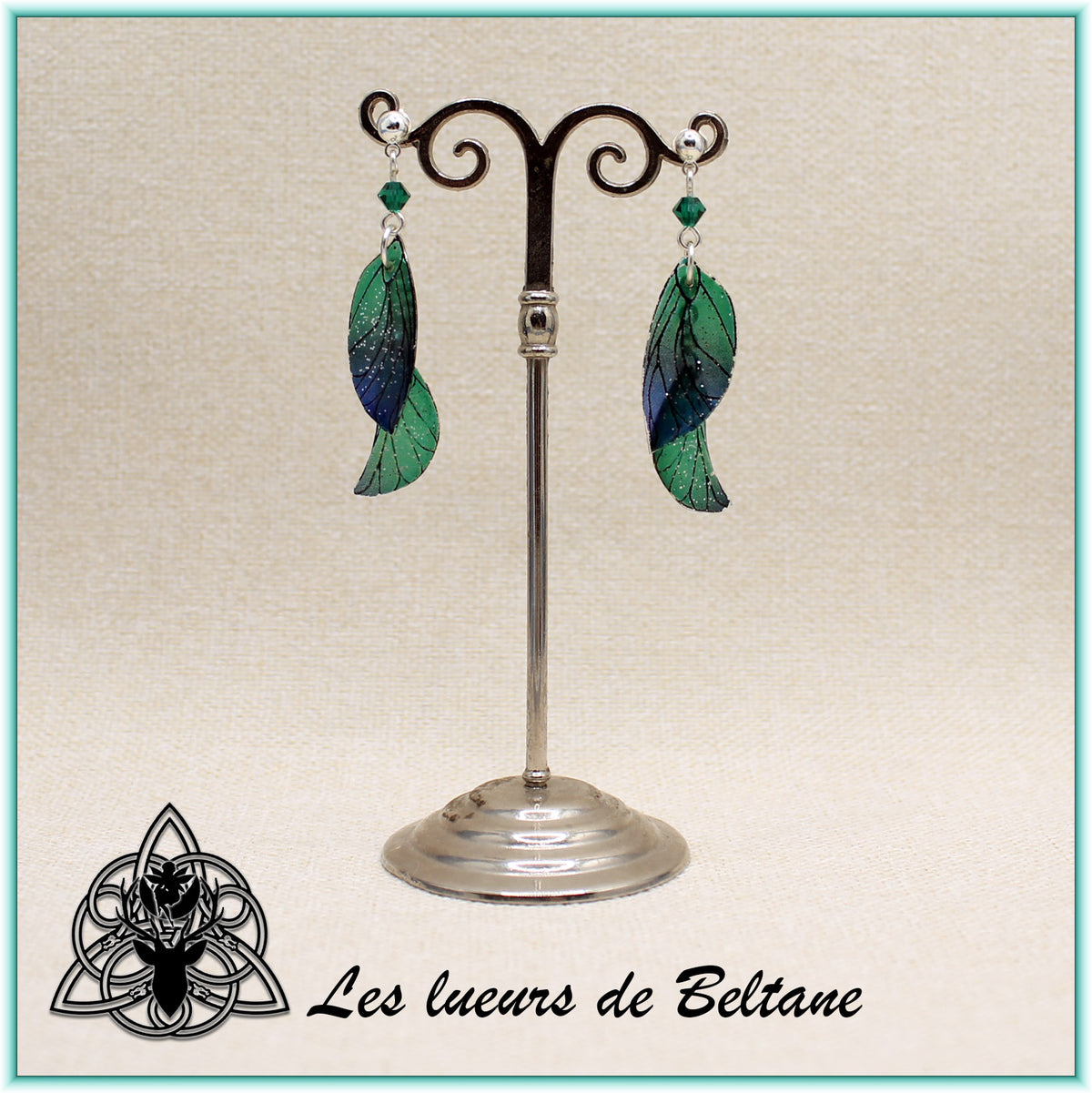 Boucles d'oreilles ailes de fée Aileen pailletées, coloris vert et violet