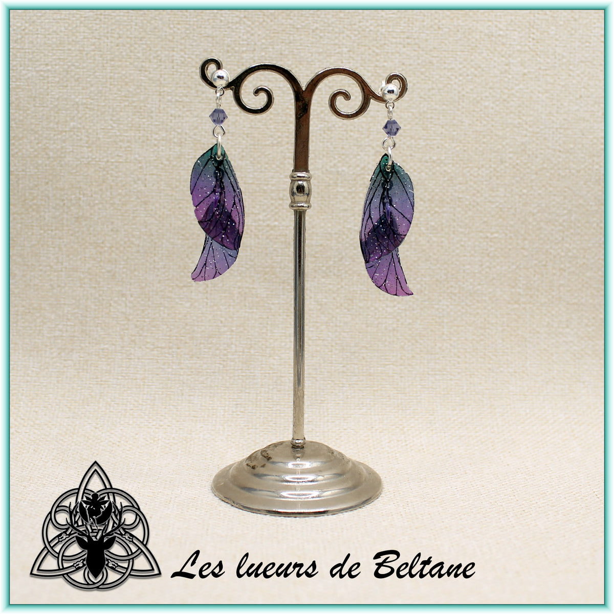 Boucles d'oreilles ailes de fée Aileen pailletées, coloris violet et vert