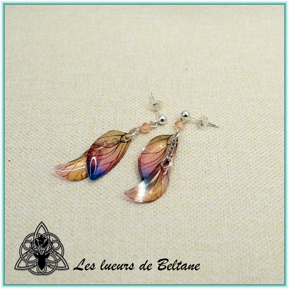 Boucles d'oreilles ailes de fée Aileen, coloris pêche et bleu, autre vue