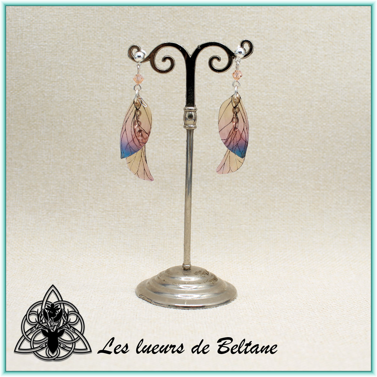 Boucles d'oreilles ailes de fée Aileen, coloris pêche et bleu