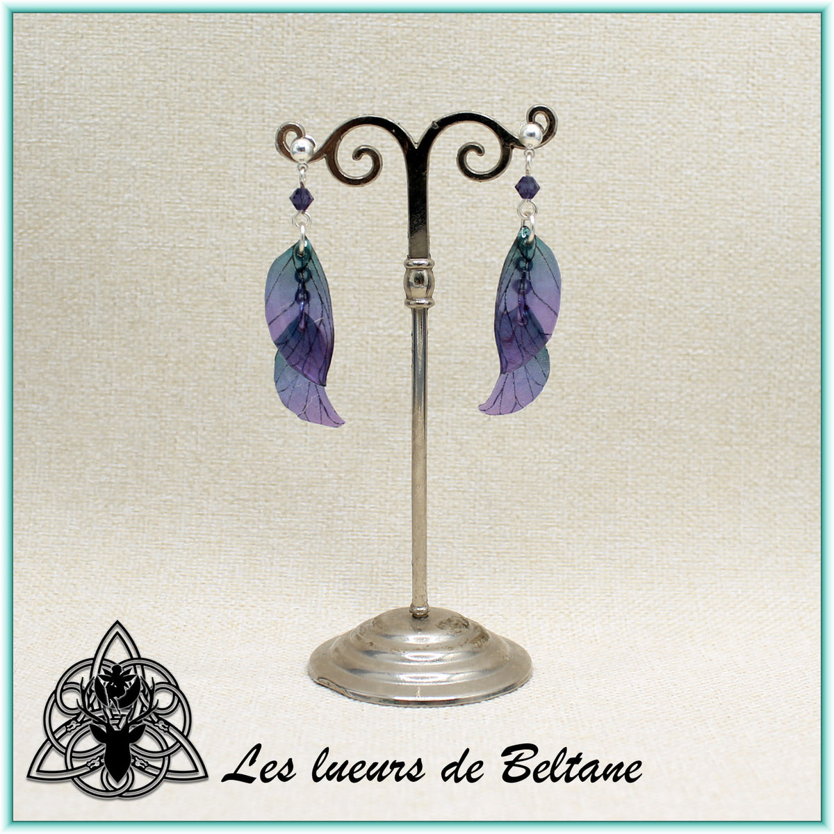 Boucles d'oreilles ailes de fée Aileen, coloris violet et vert
