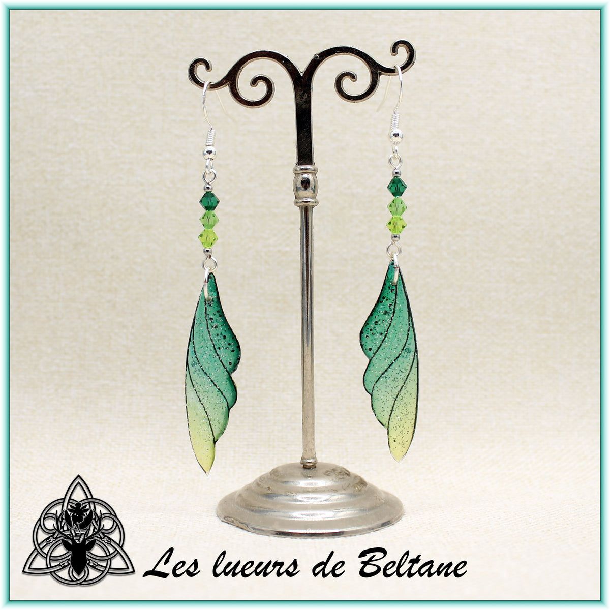 Boucles d'oreilles ailes de fée Eilidh pailletées, coloris vert