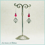 Boucles d'oreilles Aliénor, fleur de lys baroque, perles d'agate fuchsia et de cristal