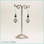 Boucles d'oreilles Aliénor, fleur de lys baroque, perles de malachite et de cristal