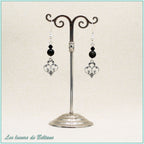 Boucles d'oreilles Aliénor, fleur de lys baroque, perles d'obsidienne dorée et de cristal