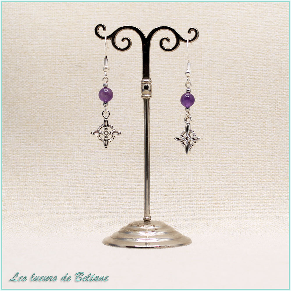 Boucles d'oreilles Cerridwen, nœud de sorcière argenté et perle en améthyste