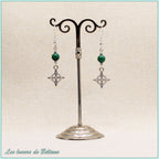 Boucles d'oreilles Cerridwen, nœud de sorcière argenté et perle en malachite