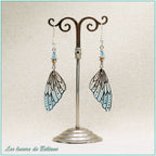 Boucles d'oreilles Oona, aile de fée en résine bleu et marron