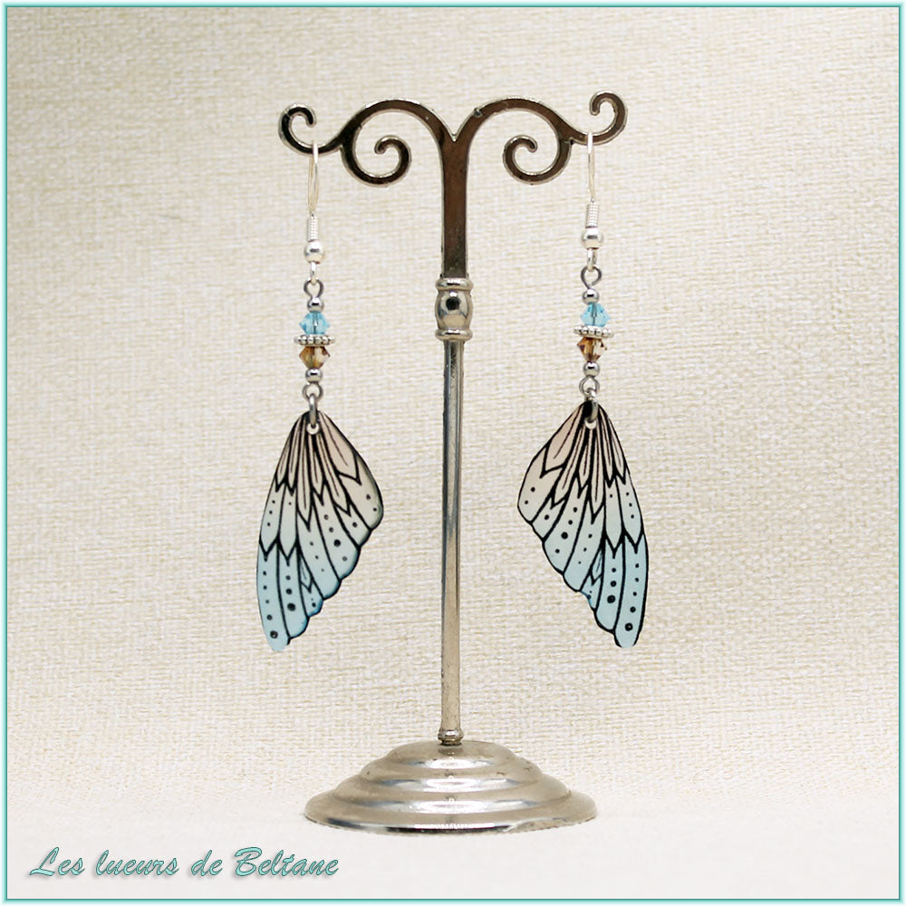 Boucles d'oreilles Oona, aile de fée en résine bleu et marron