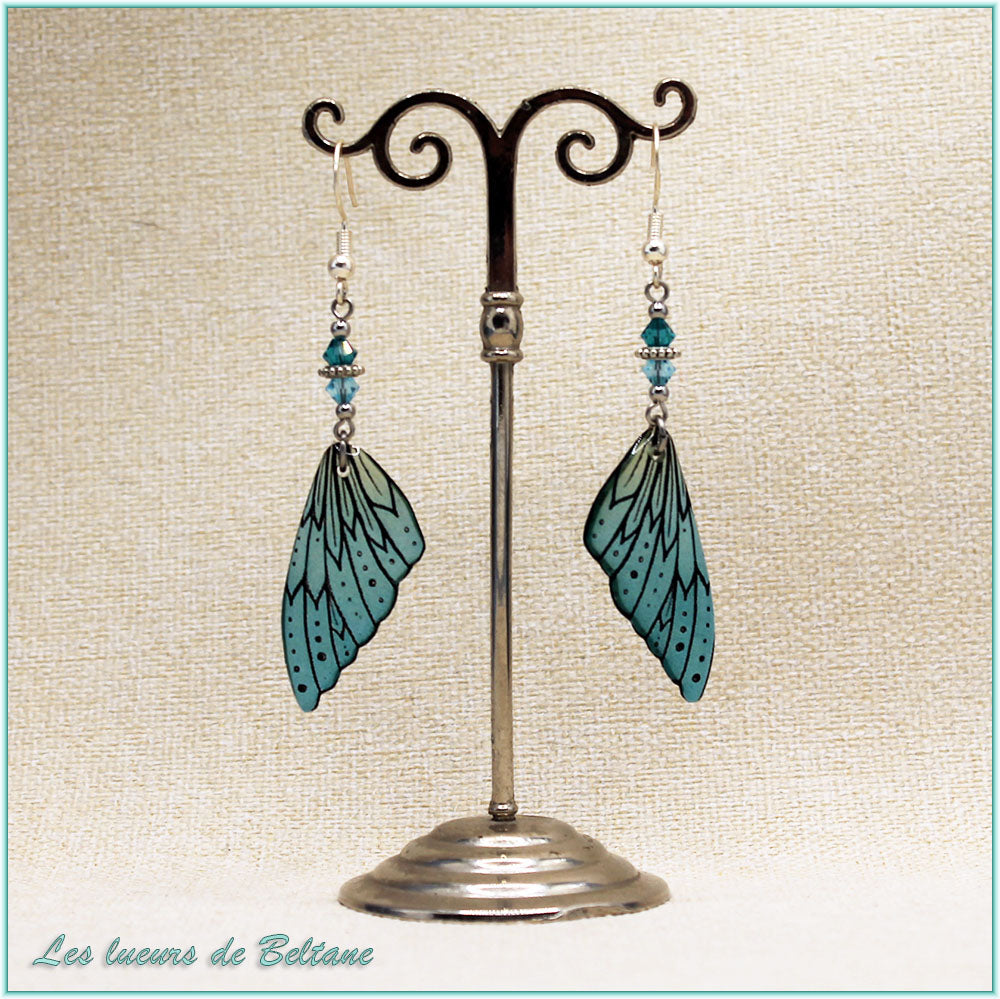 Boucles d'oreilles Oona, aile de fée en résine bleu turquoise