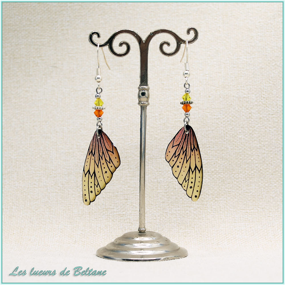 Boucles d'oreilles Oona, aile de fée en résine orange
