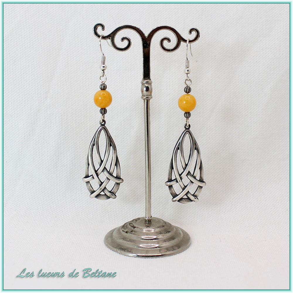 Boucles d'oreilles Seren, goutte celtique et pierre de jade jaune