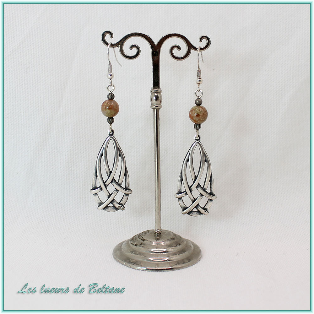 Boucles d'oreilles Seren, goutte celtique et pierre de jaspe